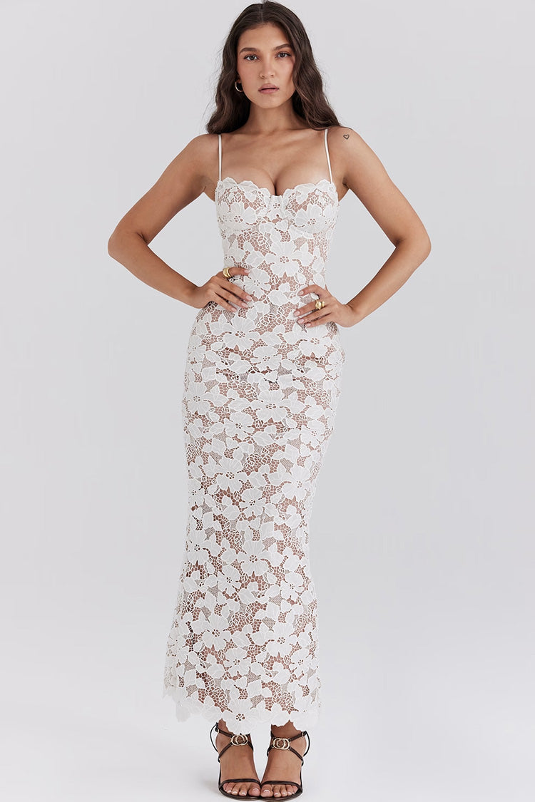 Sexy Floral Embroidered Lace Bustier Lace Up Sleeveless Evening Maxi Dress