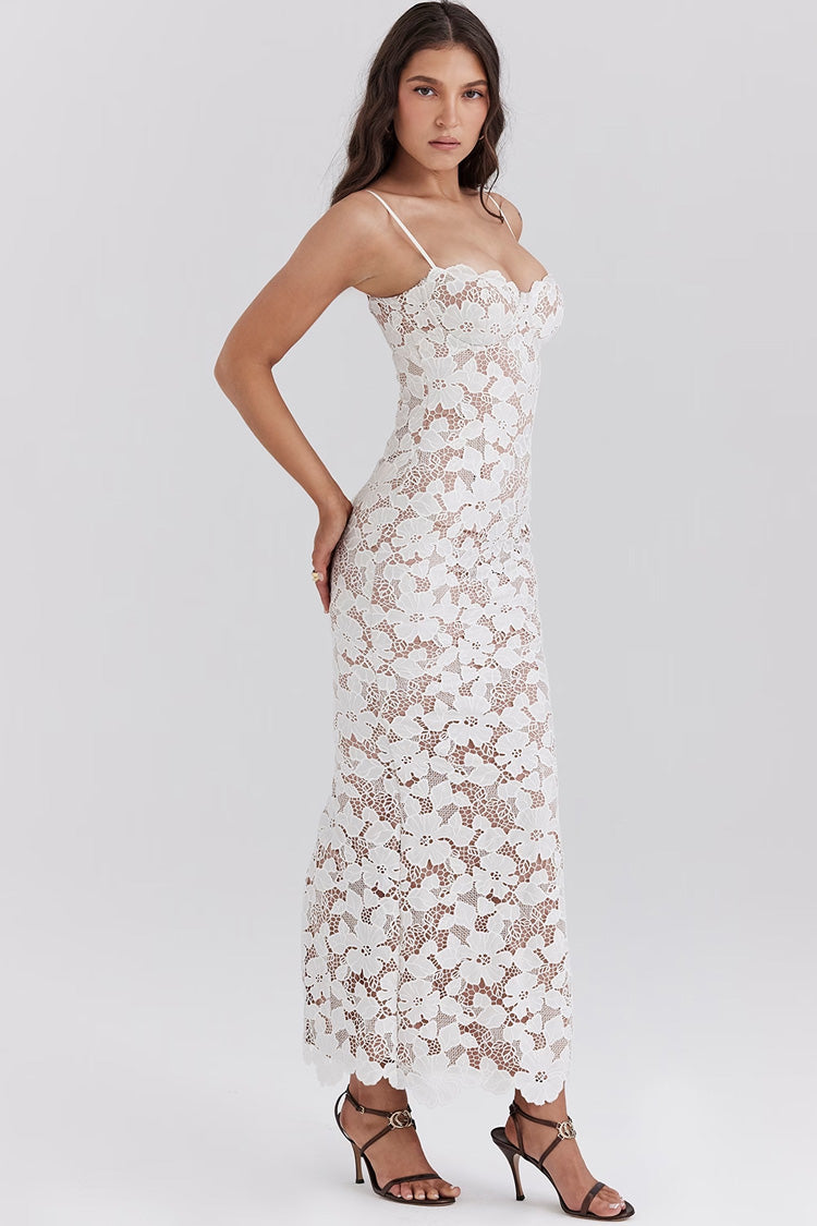 Sexy Floral Embroidered Lace Bustier Lace Up Sleeveless Evening Maxi Dress