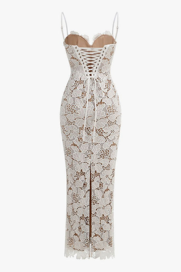 Sexy Floral Embroidered Lace Bustier Lace Up Sleeveless Evening Maxi Dress