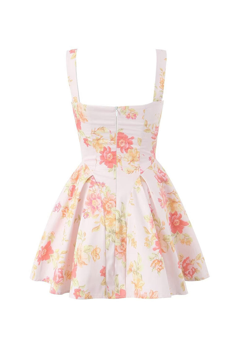 Sexy Floral Print Layere Neck Gathered Drop Waist Tulle Mini Sundress