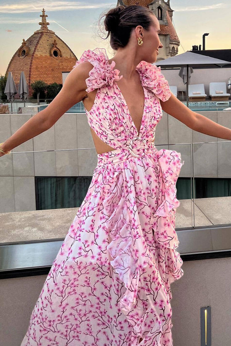 Sexy Floral Print Ruffle Plunge O Ring Cutout Chiffon Vacation Maxi Dress