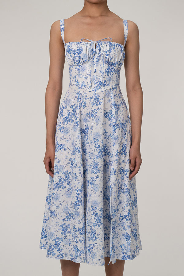 Sexy Floral Tie Front Lace Up Back Fit & Flare Split Midi Sundress - Blue