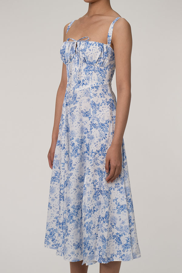 Sexy Floral Tie Front Lace Up Back Fit & Flare Split Midi Sundress - Blue