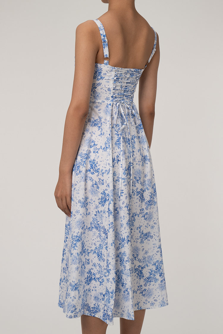 Sexy Floral Tie Front Lace Up Back Fit & Flare Split Midi Sundress - Blue