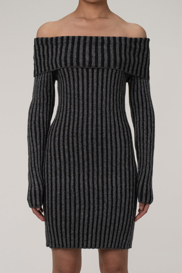 Sexy Folded Off Shoulder Long Sleeve Bodycon Ribbed Knit Sweater Mini Dress