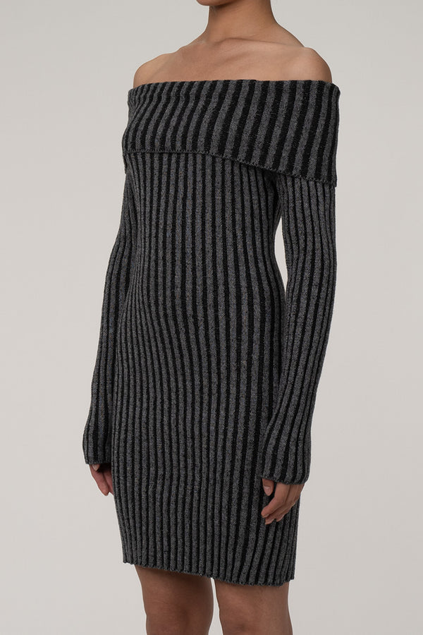 Sexy Folded Off Shoulder Long Sleeve Bodycon Ribbed Knit Sweater Mini Dress