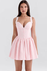 Sexy Gingham Lace Sweetheart Bustier Gathered Tulle Micro Mini Sundress