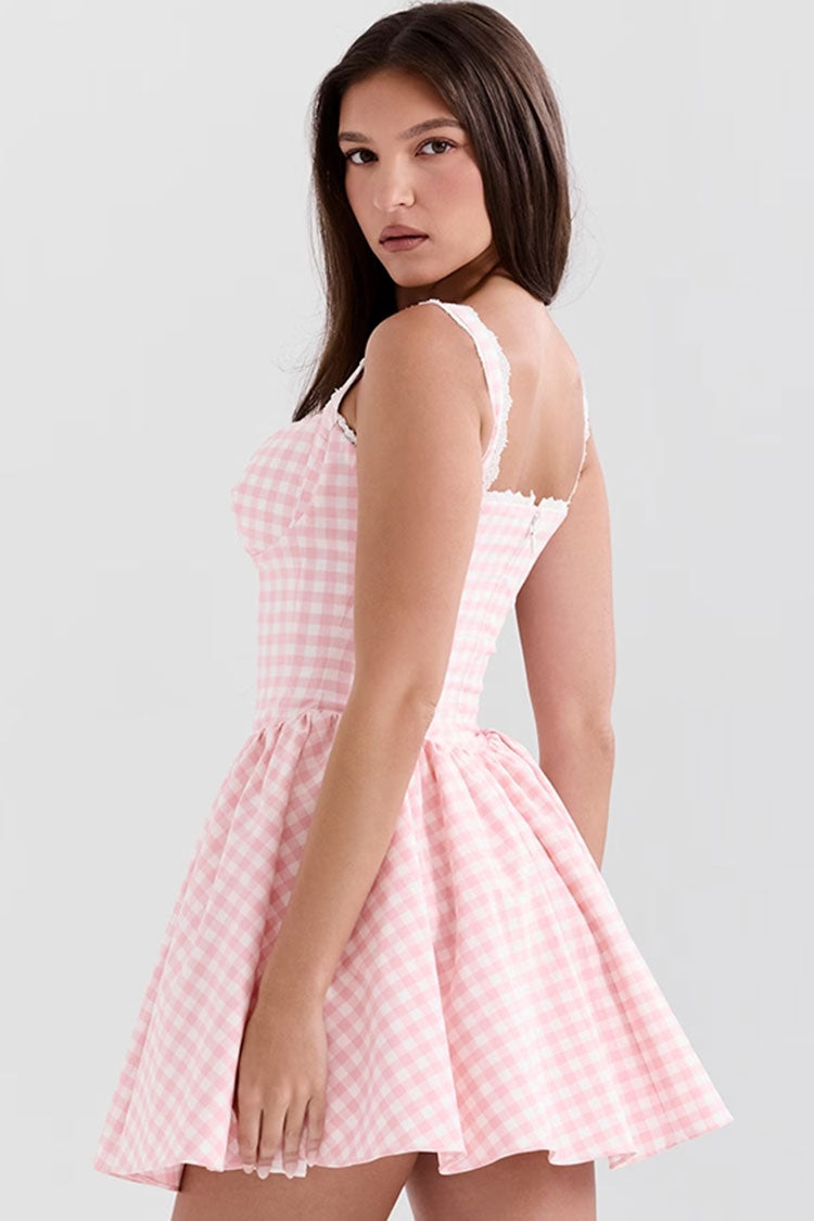 Sexy Gingham Lace Sweetheart Bustier Gathered Tulle Micro Mini Sundress