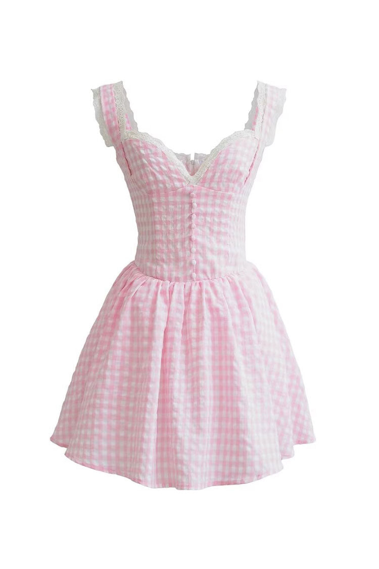 Sexy Gingham Lace Sweetheart Bustier Gathered Tulle Micro Mini Sundress