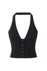 Sexy Halter V Neck Open Back Button Up Sleeveless Ribbed Crop Knit Top