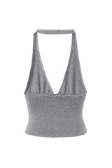 Sexy Halter V Neck Open Back Button Up Sleeveless Ribbed Crop Knit Top