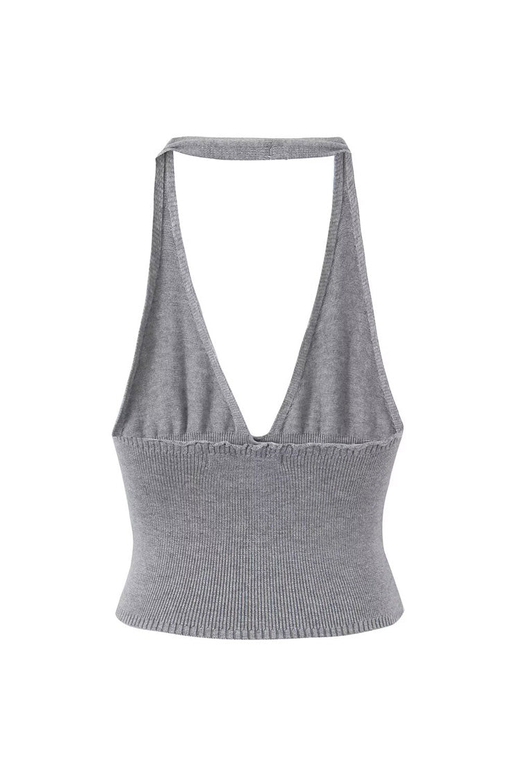 Sexy Halter V Neck Open Back Button Up Sleeveless Ribbed Crop Knit Top