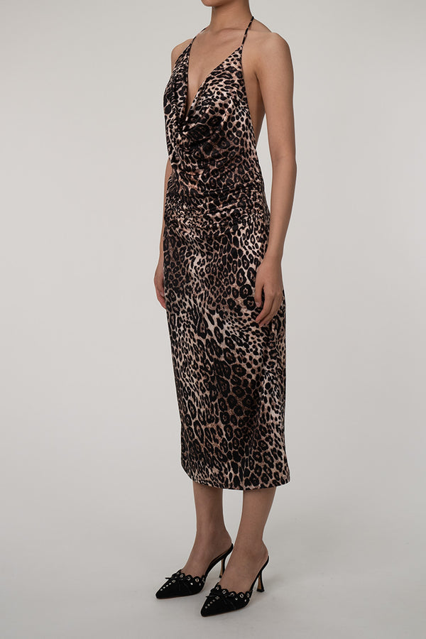 Sexy Leopard Cowl Neck Halter Tie Sleeveless Ruched Cocktail Midi Dress
