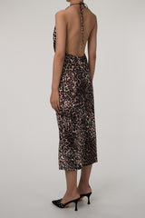 Sexy Leopard Cowl Neck Halter Tie Sleeveless Ruched Cocktail Midi Dress