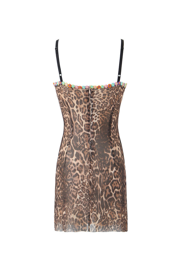 Sexy Leopard Floral Applique Sleeveless Fitted Mesh Party Micro Mini Dress