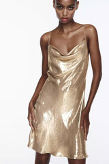 Sexy Metallic Cowl Neck Crystal Spaghetti Strap Sleeveless Party Mini Dress