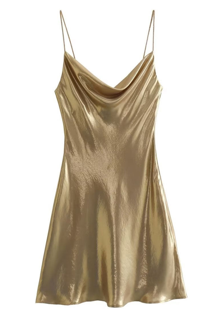 Sexy Metallic Cowl Neck Crystal Spaghetti Strap Sleeveless Party Mini Dress