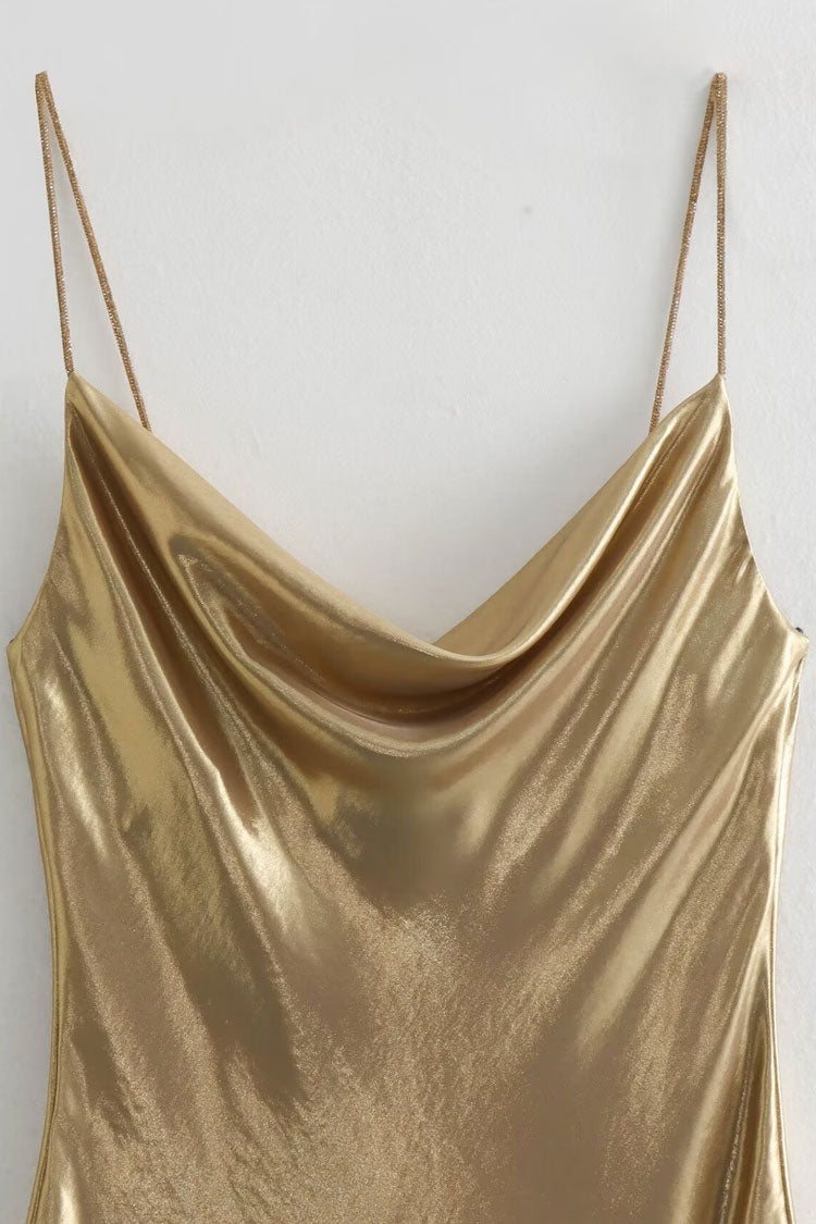 Sexy Metallic Cowl Neck Crystal Spaghetti Strap Sleeveless Party Mini Dress