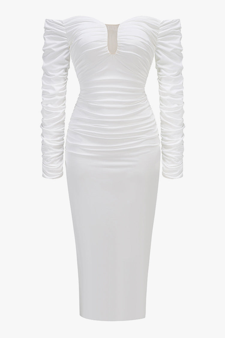 Sexy Off Shoulder Plunge Neck Long Sleeve Ruched Cocktail Midi Dress