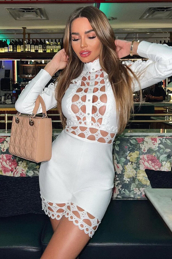 Sexy Pearl Beaded Mock Neck Long Sleeve Lace Cutout Bandage Romper