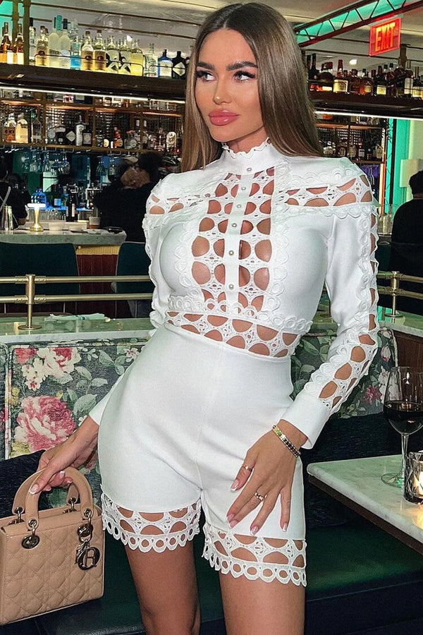 Sexy Pearl Beaded Mock Neck Long Sleeve Lace Cutout Bandage Romper