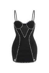 Sexy Pearl Trim Bustier Spaghetti Strap Sheer Mesh Panel Club Mini Dress