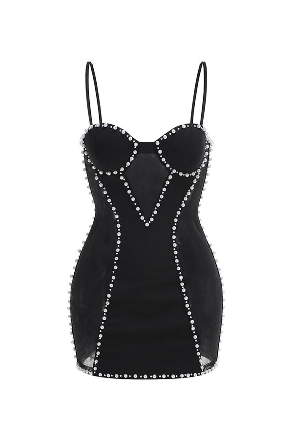 Sexy Pearl Trim Bustier Spaghetti Strap Sheer Mesh Panel Club Mini Dress