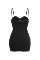 Sexy Pearl Trim Bustier Spaghetti Strap Sheer Mesh Panel Club Mini Dress