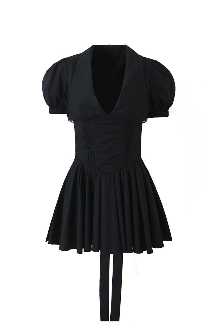 Sexy Plunge Collar Puff Sleeve Drop Waist Pleated Bow Tie Party Mini Dress