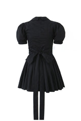 Sexy Plunge Collar Puff Sleeve Drop Waist Pleated Bow Tie Party Mini Dress