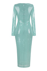 Sexy Plunge Cut Out Long Sleeve Sheer Mesh Bodycon Sequin Maxi Dress