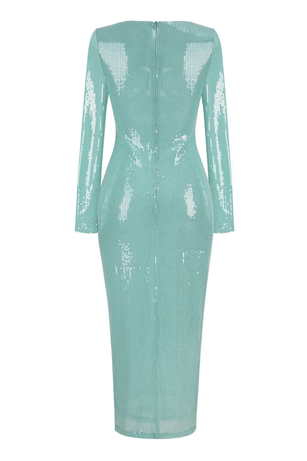 Sexy Plunge Cut Out Long Sleeve Sheer Mesh Bodycon Sequin Maxi Dress