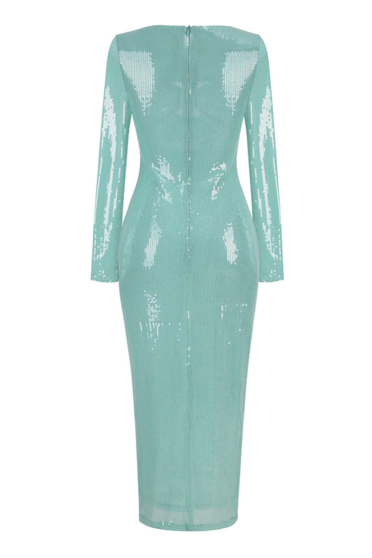 Sexy Plunge Cut Out Long Sleeve Sheer Mesh Bodycon Sequin Maxi Dress