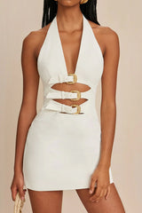 Sexy Plunge Halter Crystal Buckle Up Cutout Bodycon Party Mini Dress