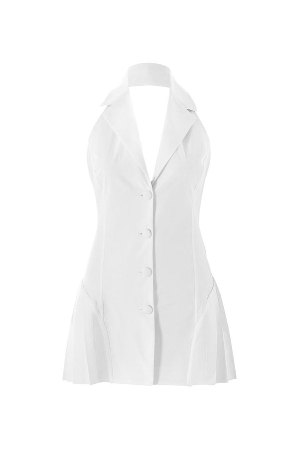 Sexy Plunge Halter Lapel Collar Button Up Sleeveless Pleated Vest Party Mini Dress