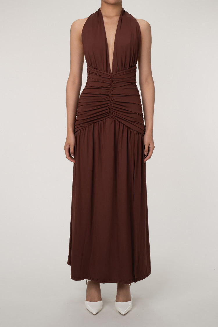 Sexy Plunge Halter Neck Backless Ruched High Split Evening Maxi Dress