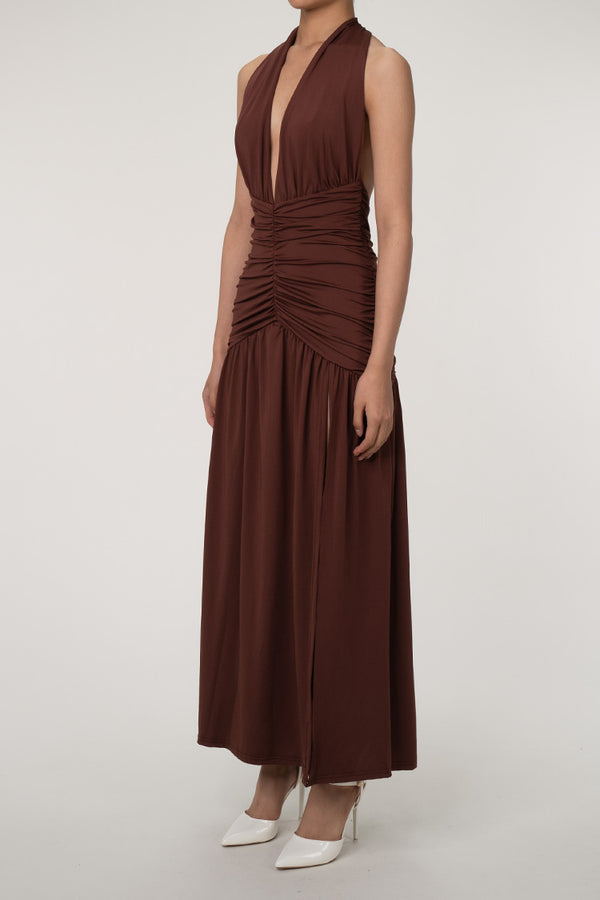 Sexy Plunge Halter Neck Backless Ruched High Split Evening Maxi Dress