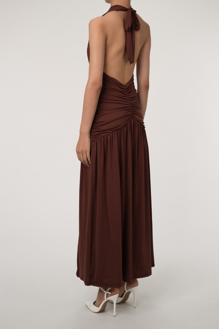 Sexy Plunge Halter Neck Backless Ruched High Split Evening Maxi Dress