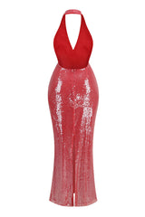 Sexy Plunge Halter Neck Backless Sheath Sequin Fishtail Evening Maxi Dress