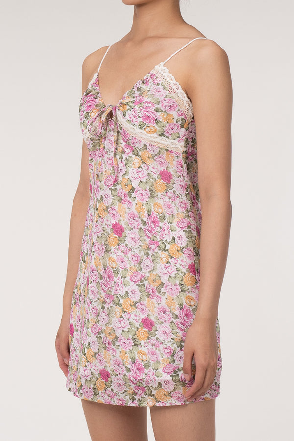 Sexy Plunge Lacey Tie Neck Spaghetti Strap Floral Printed Slip Mini Sundress