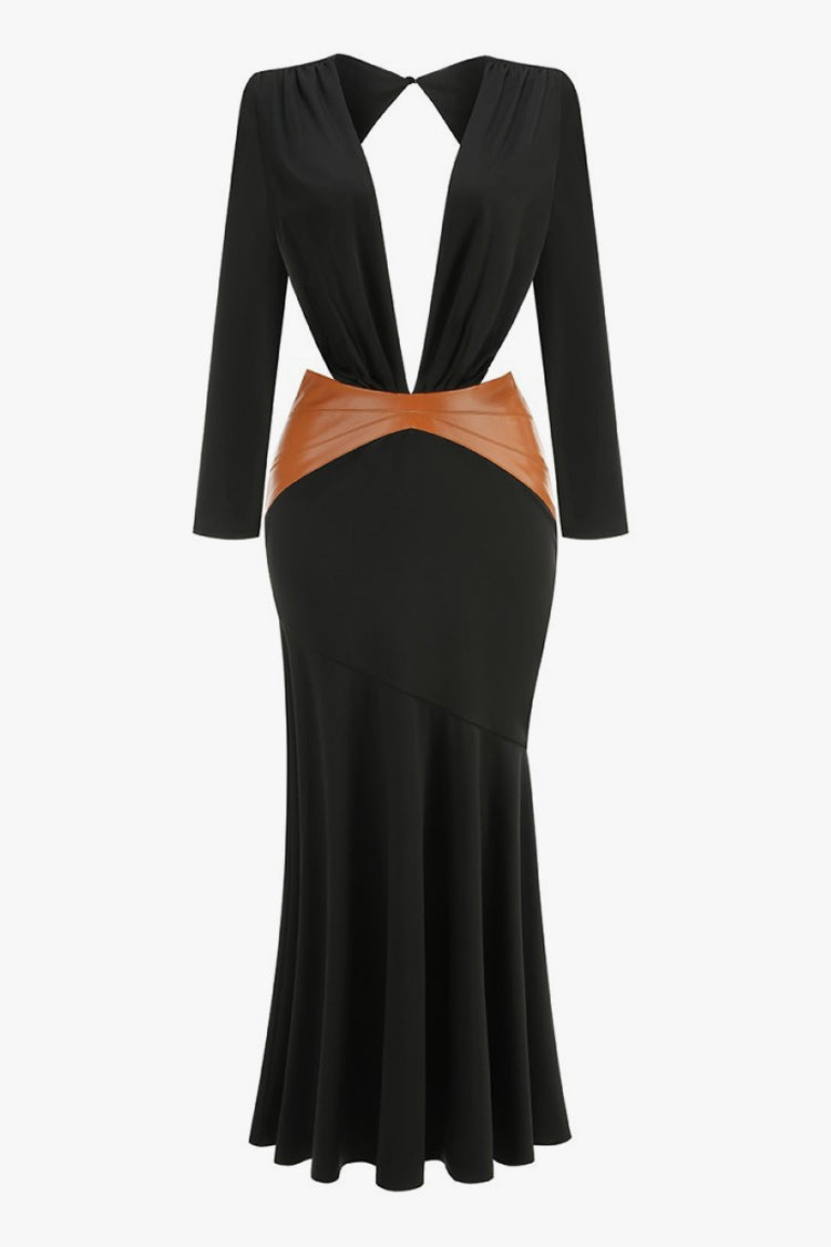 Sexy Plunge Padded Long Sleeve Leather Panel Cutout Evening Maxi Dress