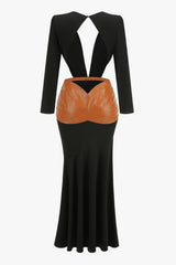 Sexy Plunge Padded Long Sleeve Leather Panel Cutout Evening Maxi Dress