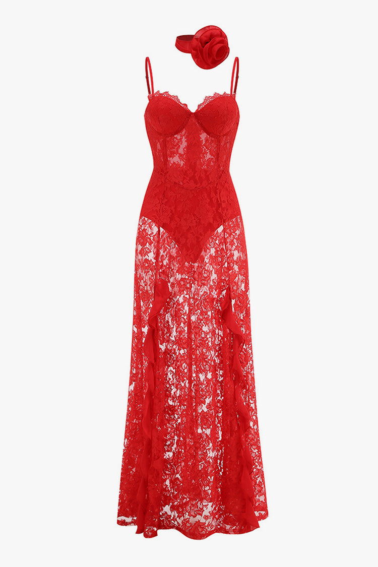 Sexy Rosette Scarf Sheer Eyelash Lace Corset Ruffle Slip Evening Maxi Dress