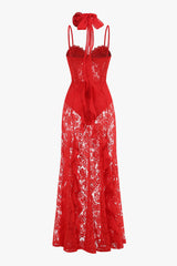 Sexy Rosette Scarf Sheer Eyelash Lace Corset Ruffle Slip Evening Maxi Dress