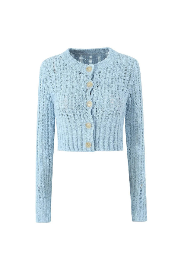 Sexy Round Neck Button Up Long Sleeve Ladder Knit Ribbed Crop Cardigan
