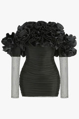 Sexy Ruffled Rosette Off Shoulder Sheer Sleeve Ruched Mesh Party Mini Dress