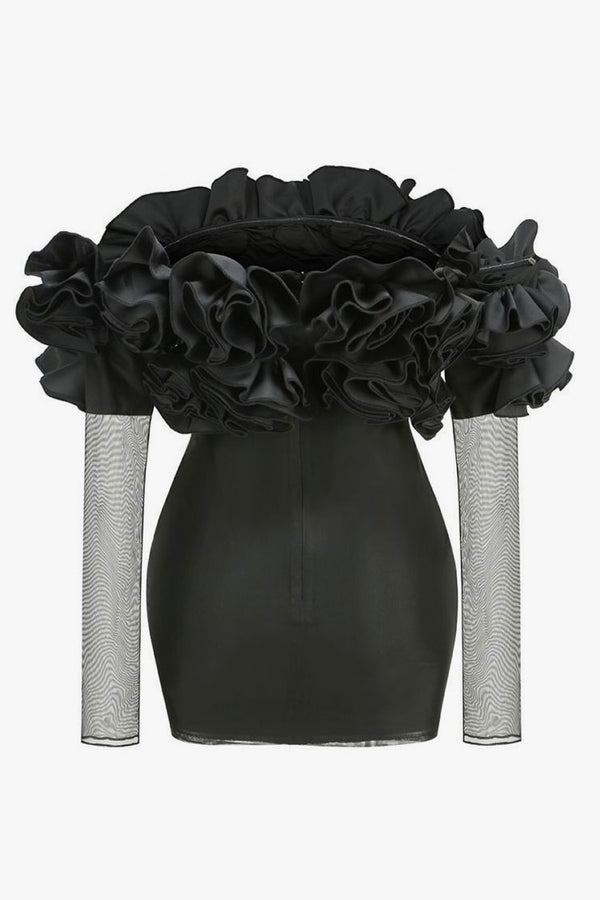 Sexy Ruffled Rosette Off Shoulder Sheer Sleeve Ruched Mesh Party Mini Dress