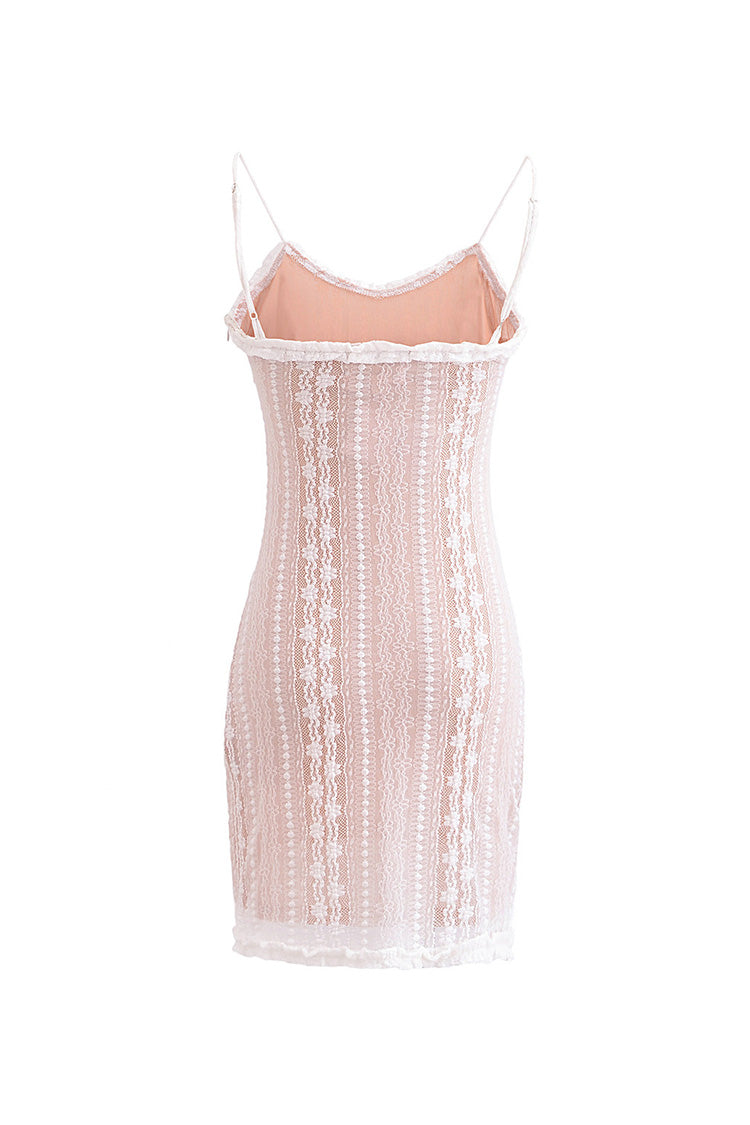 Sexy Ruffled Scoop Neck Spaghetti Strap Lace Mesh Bodycon Mini Sundress