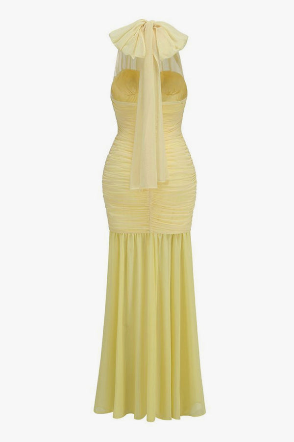 Sexy Scarf Halter Bustier Ruched Mesh Chiffon Split Evening Maxi Dress