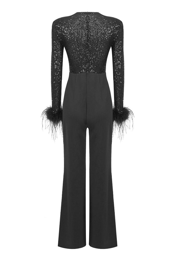 Sexy Sequin V Neck Underwire Feather Trim Long Sleeve Wide Leg Jumpsuit